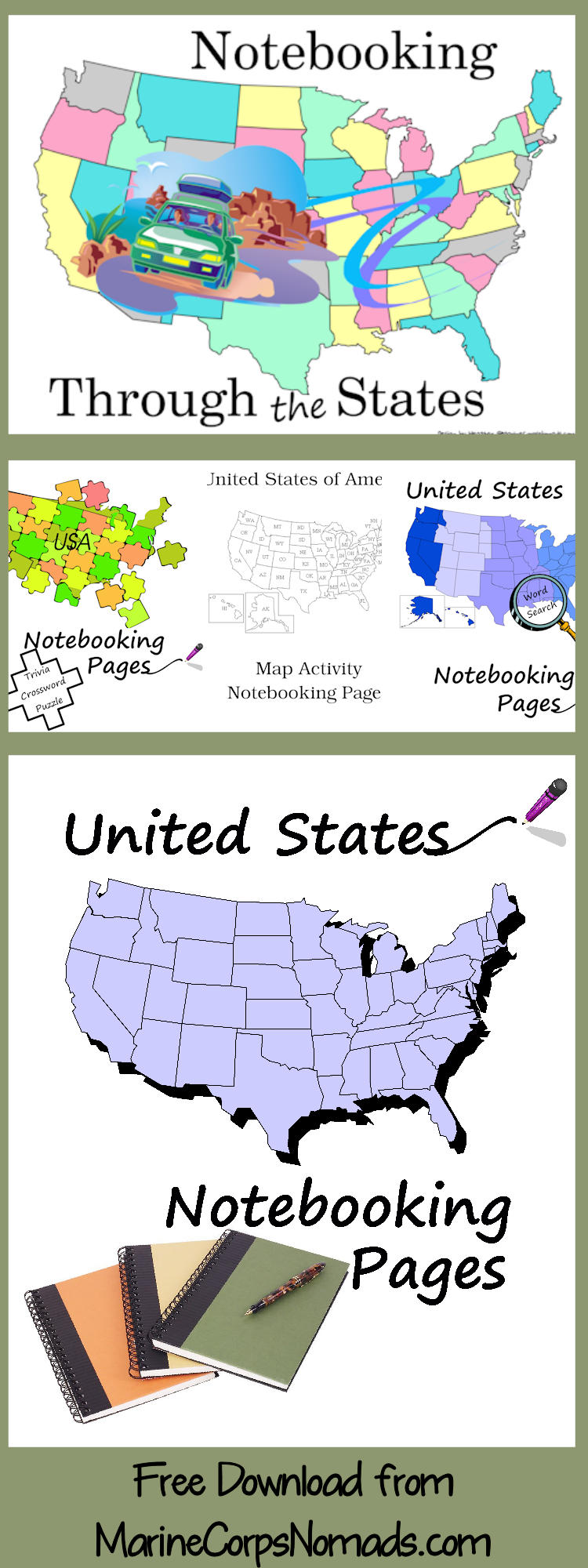 Free state notebooking pages and state activities for homeschool and classroom use.