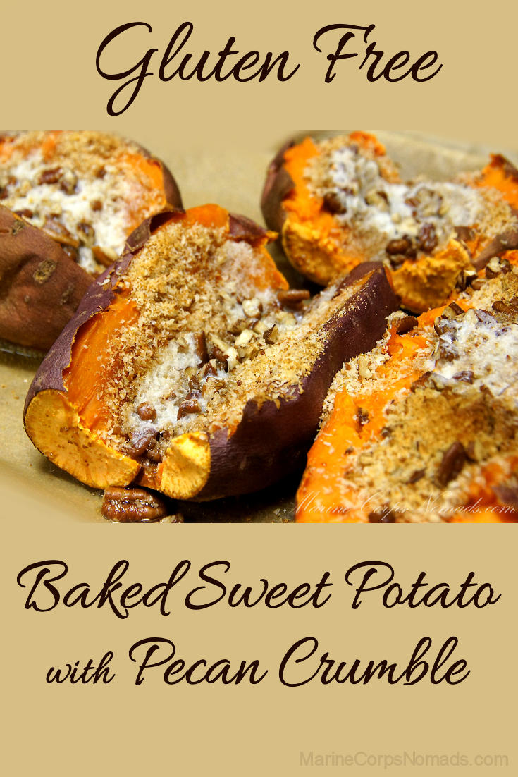 Naturally gluten free baked sweet potatoes with pecan crumble are a tasty side dish.