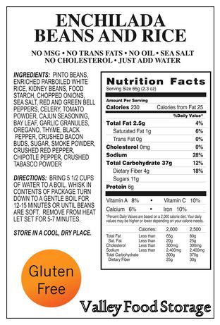 Valley Food Storage Enchilada Beans and Rice Nutrition and Ingredient List