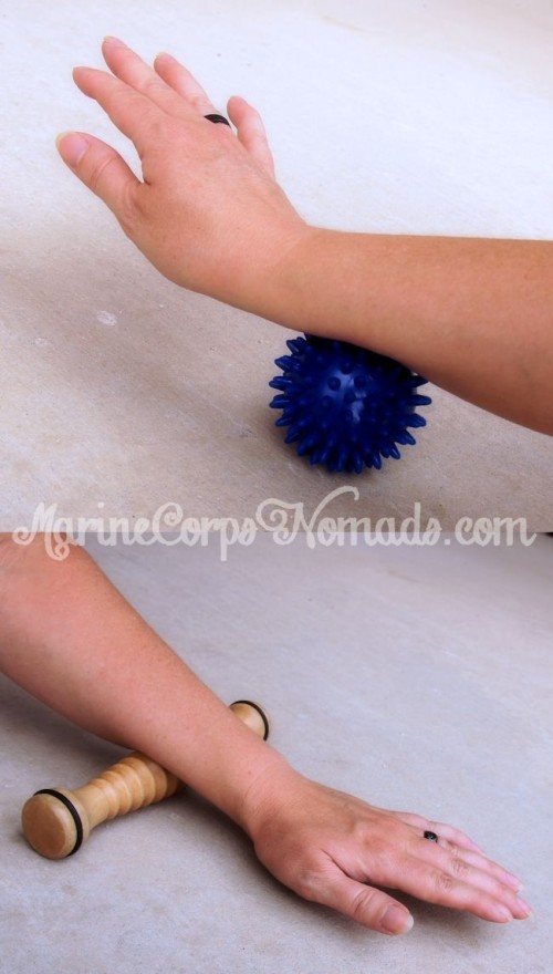 Stress and tension relief with foot roller and porcupine massage ball