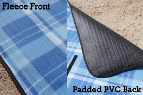 Picnic blanket features a padded waterproof back and a fleece front