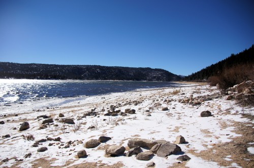 View of the snowy shores of Big Bear Lake