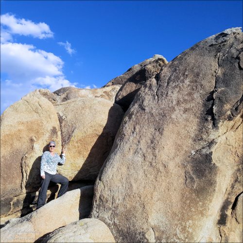 Climbing some boulders in Joshua Tree National Park wearing my prAna Mantra pants and Ravena top