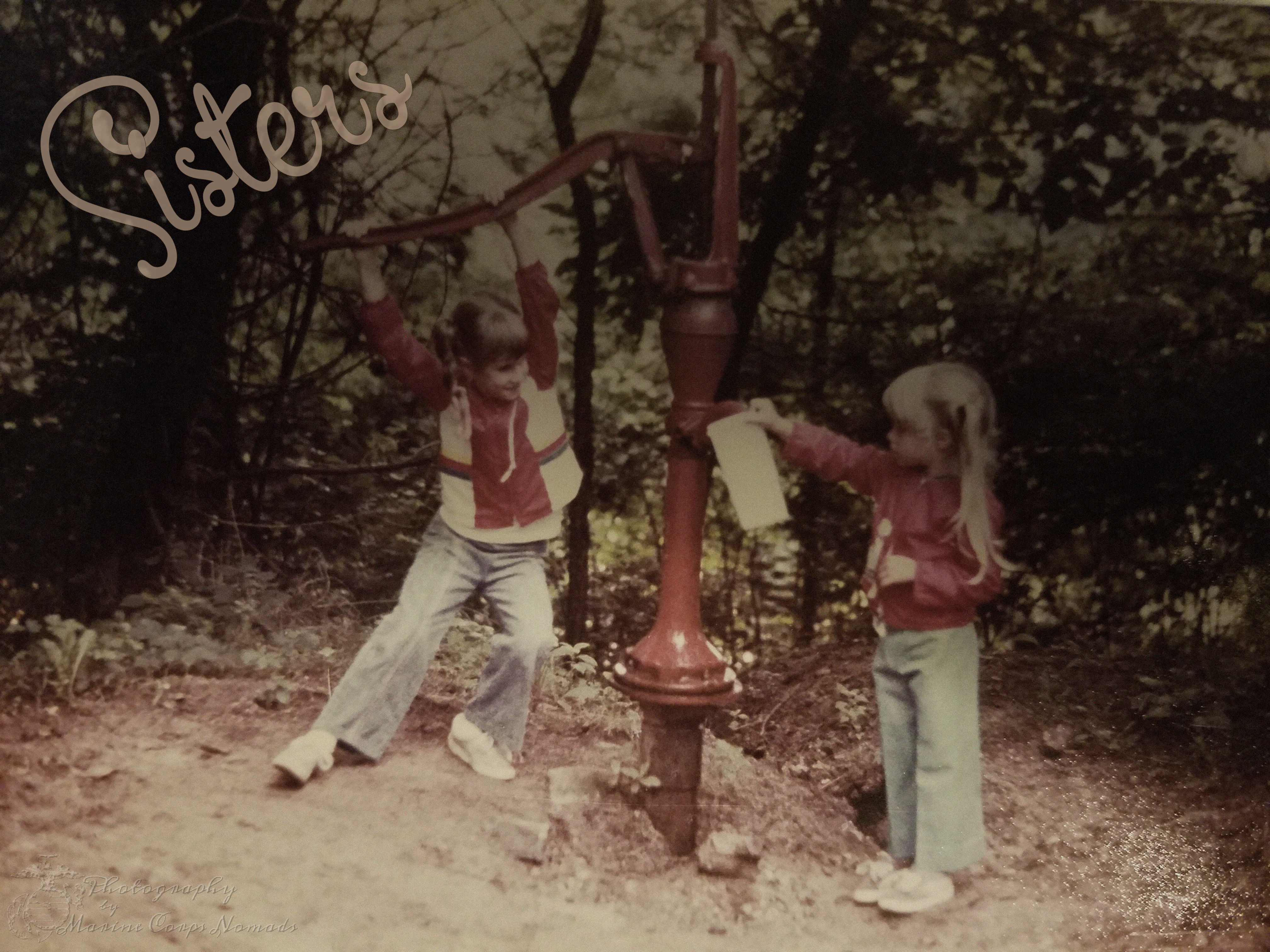 Helping my sister at the waterpump when we were little