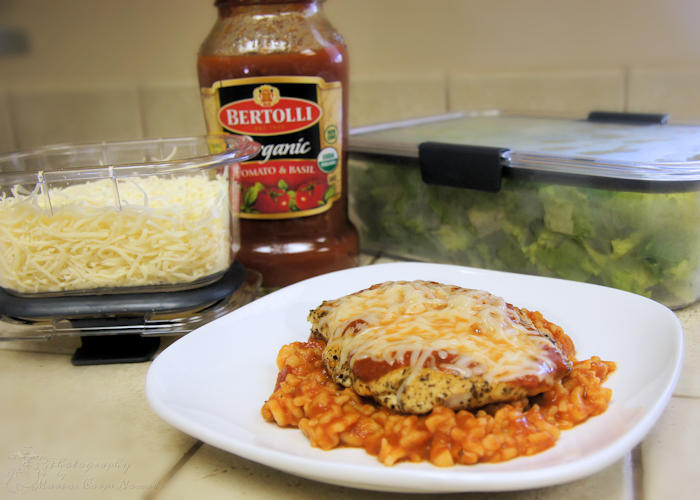 Chicken Parmesan over pasta with Bertolli red sauce for Valentine's Day dinner.