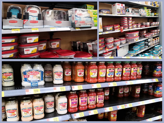 Shopping for Rubbermaid Brilliance containers and Bertolli pasta sauce at Walmart